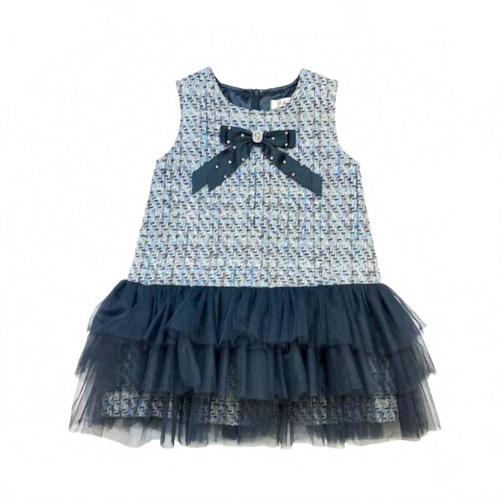 NEW DOE A DEAR girls bow brooch tweed dress in black/ blue
